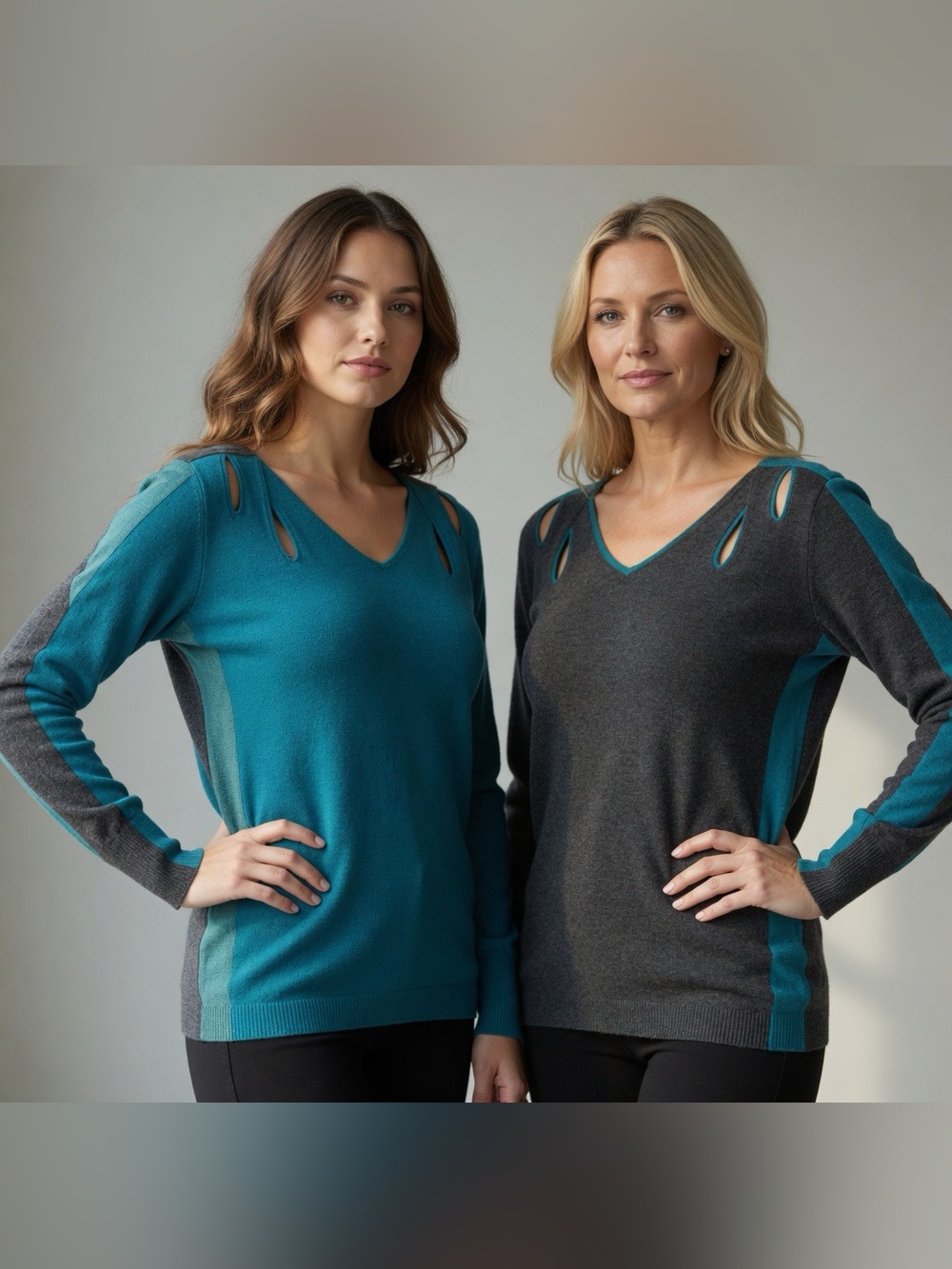 Oblique Creations Cut-Out V-Neck Sweater - Teal & Grey. Made in Italy. Medium